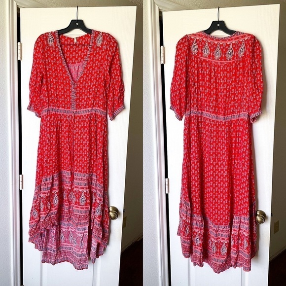 Spell Dress Gypsiana Hi-Low Maxi Tassels Floral Asymmetric Red Bandana S FLAW - Picture 2 of 15